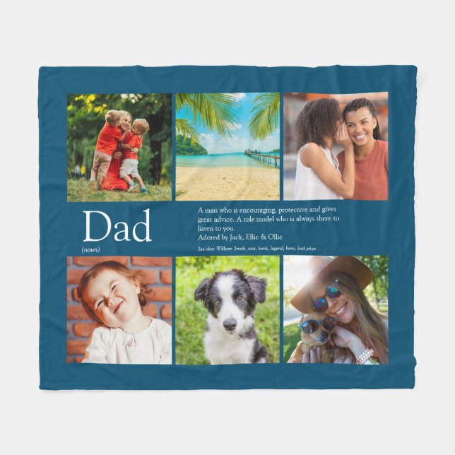 Dad Father Definition 6 Photo Collage Blue Fleece Blanket (Front (Horizontal))