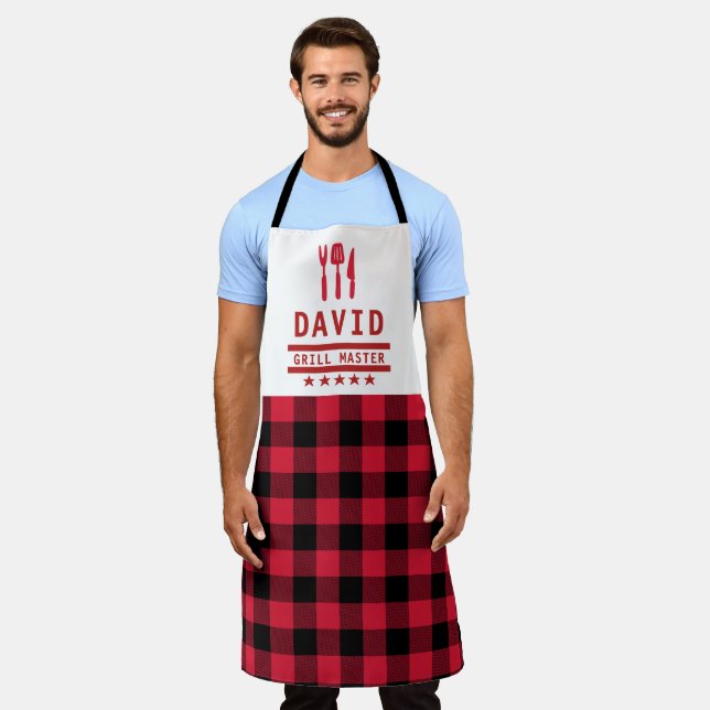 Dad Gift Grill Master BBQ Plaid Personalized Apron (Worn)