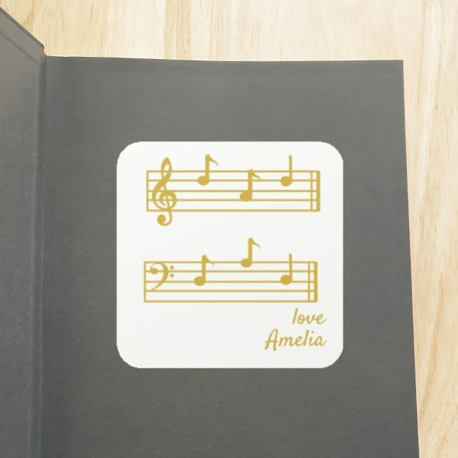DAD GOLD & CREAM MUSICAL NOTES SCORE BOOKPLATE SQUARE STICKER (Creator Uploaded)