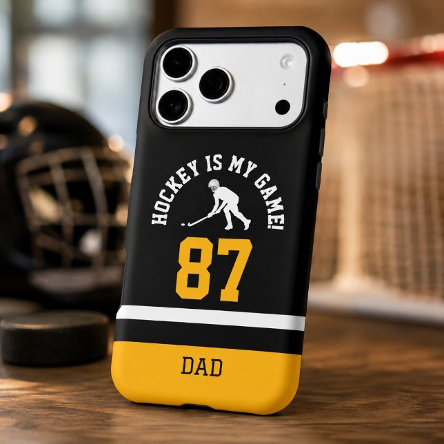 Dad Hockey Jersey Number Phone Case (Black and gold hockey jersey style phone case for dads who love the game.)