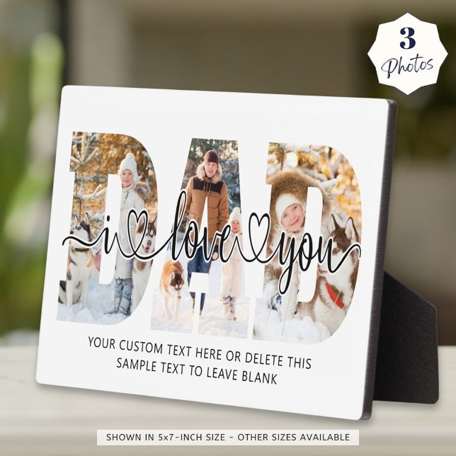 Dad I Love You 3 Photo Collage Script Hearts Plaque (Creator Uploaded)