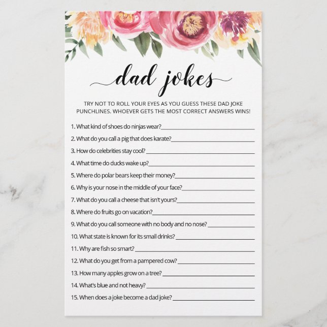 Dad Jokes Baby Shower game with Answers (Front)