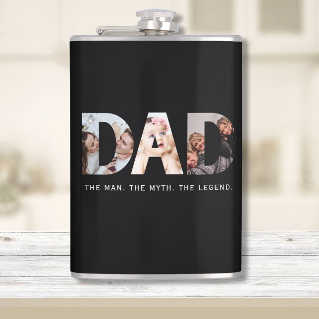 Dad legend gift with 3 photo collage  hip flask (Dad flask, with 3 photo collage. Text: "The man. The myth. The legend")