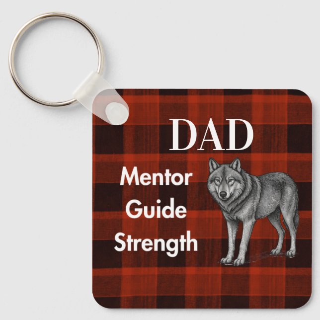 Dad Mentor Guide Strength & Heart Wolf red plaid Keychain (Front)