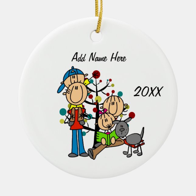 Dad, Mom, Toddler Boy and Girl, Grey Dog Ornament (Front)