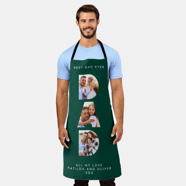 Dad multi photo modern typography green  apron (Worn)