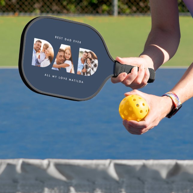 dad multi photo modern typography navy blue pickleball paddle (Insitu)