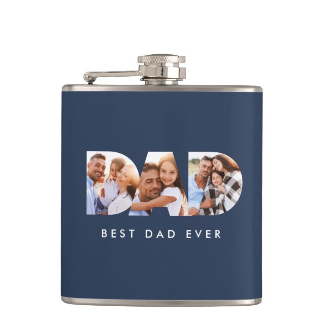 Dad multi photo typography navy blue modern  hip flask (Front)