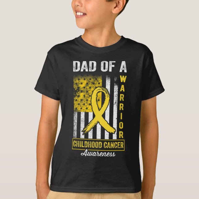 Dad of A Warrior Childhood Cancer Awareness Gold R T-Shirt (Front)