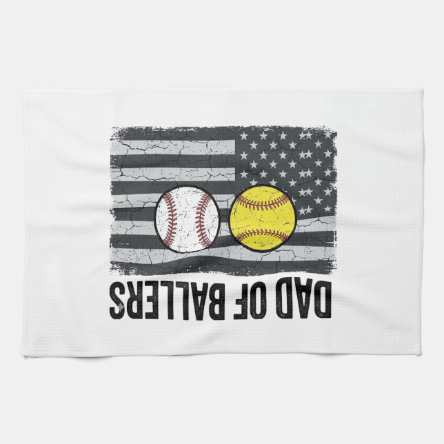Dad of Ballers Softball Baseball Patriotic Kitchen Towel (Horizontal)