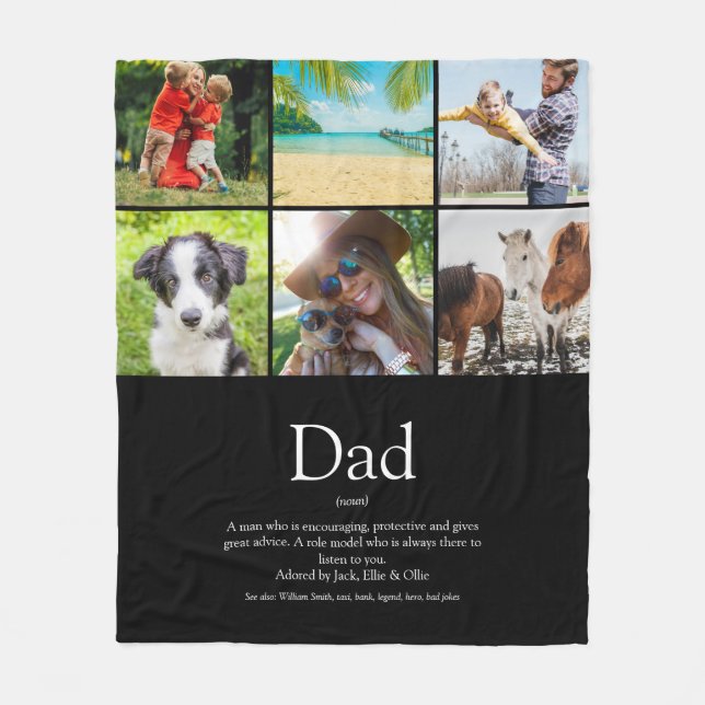 Dad Papa Father Definition 6 Photo Collage Black Fleece Blanket (Front)