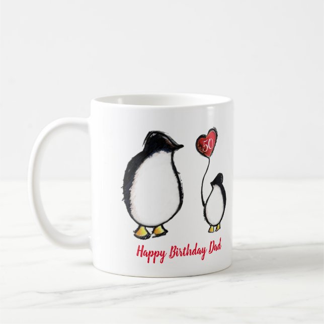 Dad penguin 50th or any age birthday card coffee mug (Left)
