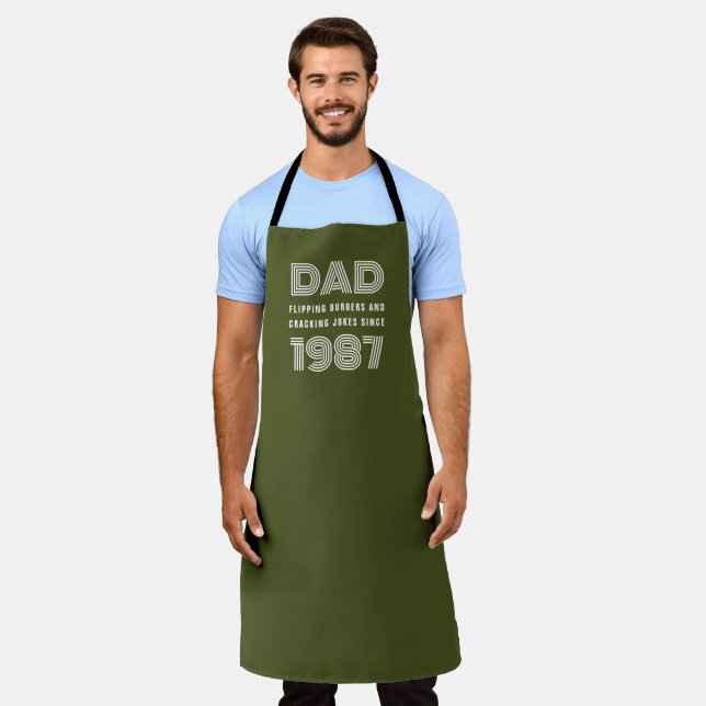 Dad Personalized Year Grill Master BBQ Army Green Apron (Worn)