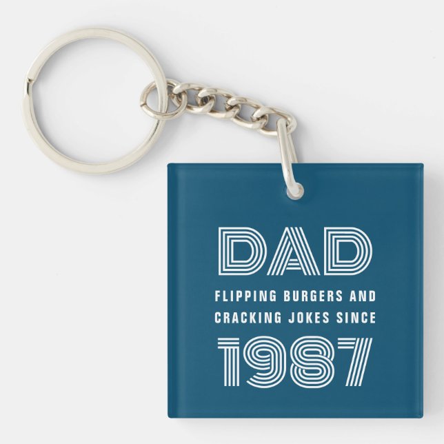 Dad Personalized Year Grill Master BBQ Teal Blue Keychain (Front)