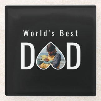 Dad Photo in Black Heart Frame Modern Text Glass Coaster