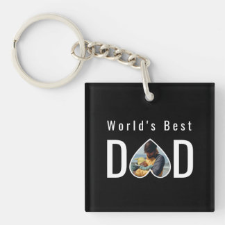 Dad Photo in Black Heart Frame Modern Text Keychain