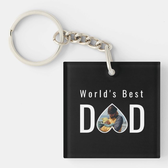 Dad Photo in Black Heart Frame Modern Text Keychain (Front)