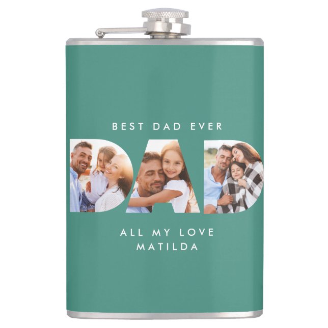 Dad photo modern typography child gift hip flask (Front)