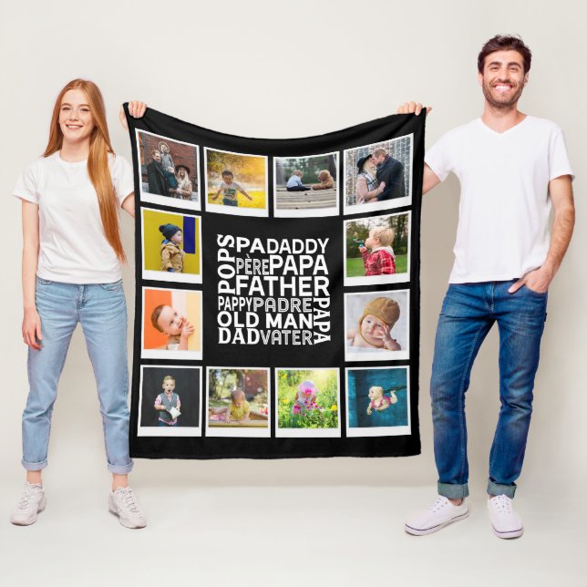 Dad Pops Father Old Man Photo Collage Chic Black Fleece Blanket (In Situ)