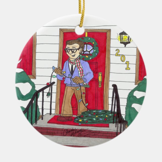 Dad putting up Christmas lights ornament (Front)