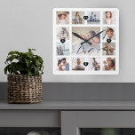 Dad Script Family Memory Photo Grid Collage Square Wall Clock<br><div class="desc">A beautiful personalized gift for your Dad that he'll cherish for years to come. Features a modern thirteen photo grid collage layout to display 13 of your own special family photo memories. "Dad" designed in a beautiful handwritten black script style. Each photo is framed with a simple gold-coloured frame. Simple...</div>