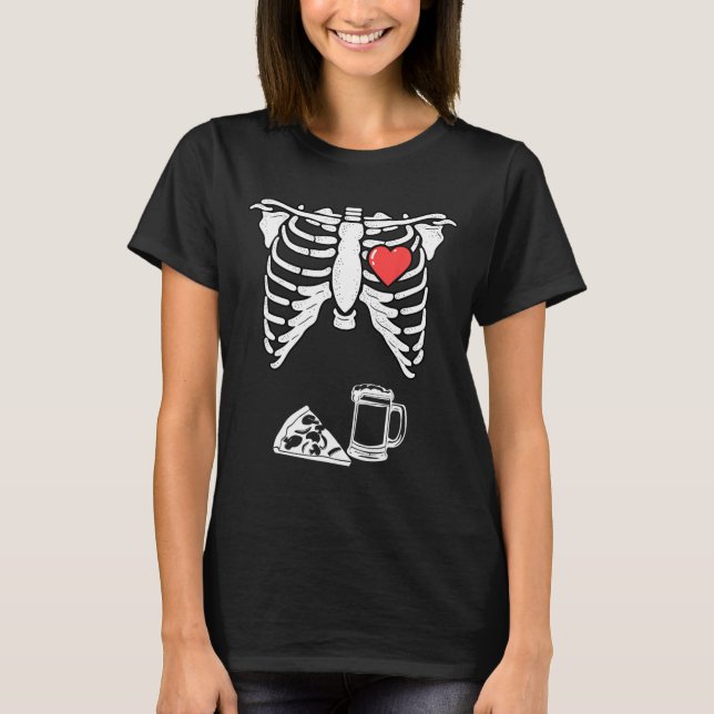 Dad Skeleton Halloween Beer Pizza Fun Pregnancy Co T-Shirt (Front)