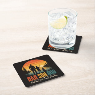 Dad Son Dog Fishing Morning Square Paper Coaster