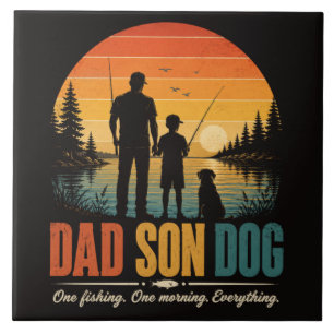 Dad Son Dog Fishing Morning Tile