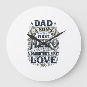 Dad Son Hero Daughter Love Vintage Typography Shir Large Clock