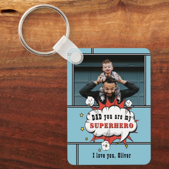 Dad Superhero Comic Speech Bubble Photo Keychain (Front)