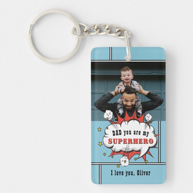 Dad Superhero Comic Speech Bubble Photo  Keychain (Front)