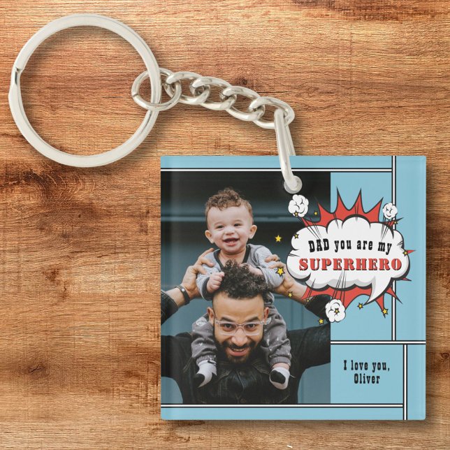 Dad Superhero Comic Speech Bubble Photo Keychain (Creator Uploaded)