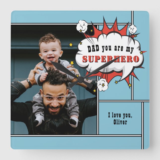 Dad Superhero Comic Speech Bubble Photo Square Wall Clock (Front)