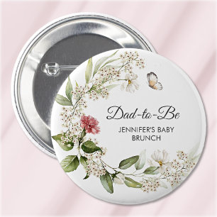 Dad-to-Be White Florals Pink Baby Shower/Brunch 2 Inch Round Button