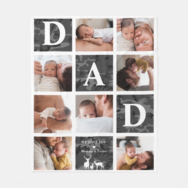 Dad We Love You | Modern 8 Photo Black Camo Deer Fleece Blanket (Front)