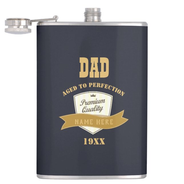 DAD - Year Born Birthday Gift - Aged To Perfection Hip Flask (Opened)