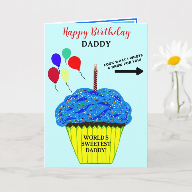 Daddy Birthday Blue Cupcake Write Draw Message  Card (Small Plant)