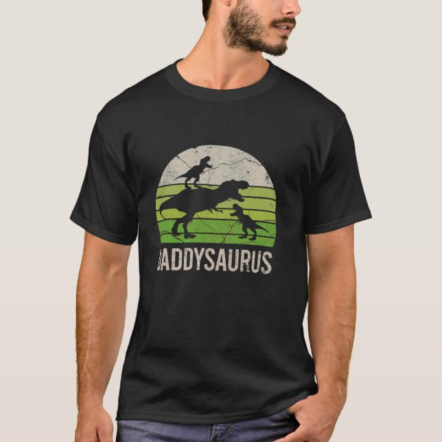 Daddy Dinosaur Funny Dad Daddysaurus 2 Two kids 20 T-Shirt (Front)