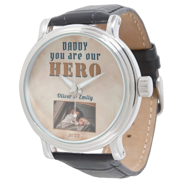 Daddy Hero Watercolor Father`s Day Photo  Watch (Angled)