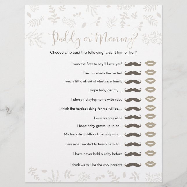 Daddy or Mommy Forest Leaves Baby Shower Game (Front)