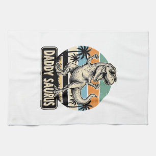 Daddy Saurus Retro Dinosaur Sunset Shirt Design_1 Kitchen Towel