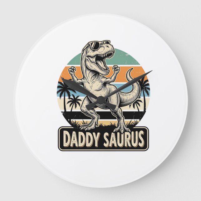 Daddy Saurus Retro Dinosaur Sunset Shirt Design_1 Large Clock (Front)