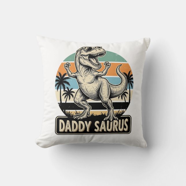 Daddy Saurus Retro Dinosaur Sunset Shirt Design_1 Throw Pillow (Front)