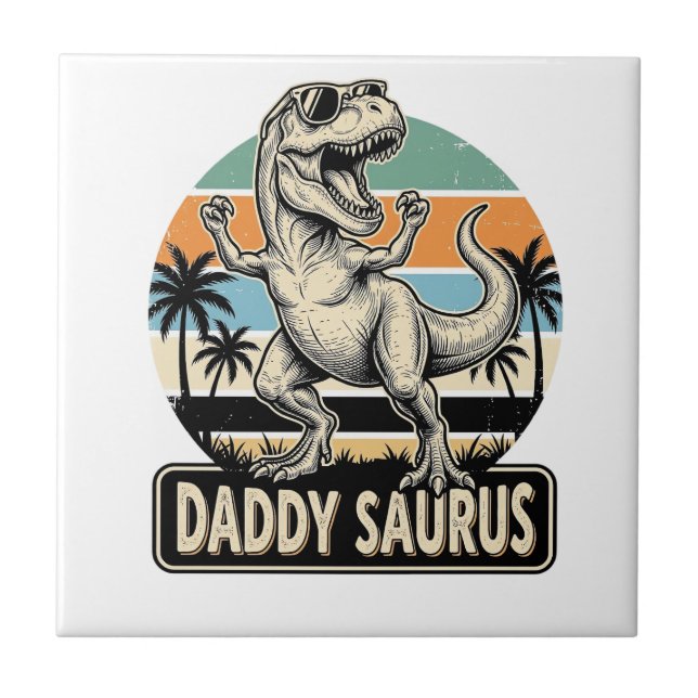 Daddy Saurus Retro Dinosaur Sunset Shirt Design_1 Tile (Front)