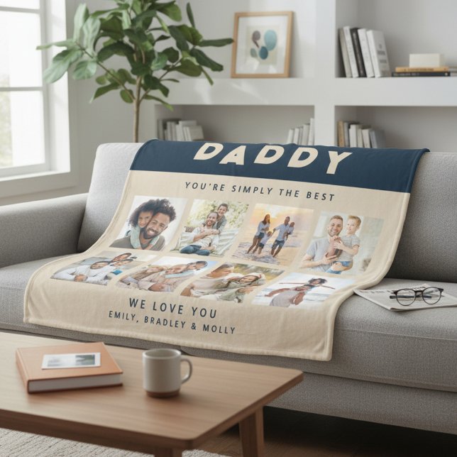 Daddy Simply The Best Photo Collage Personalized Fleece Blanket (Creator Uploaded)