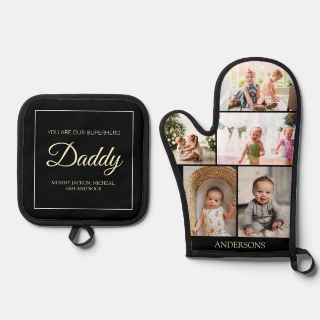 Daddy You are our Superhero 5 Photo Collage Oven Mitt & Pot Holder Set (Front)