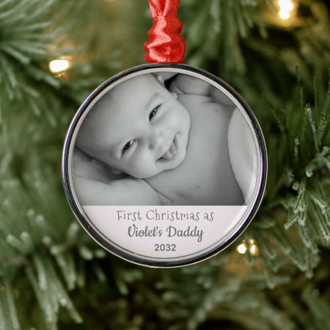 Daddy's 1st Christmas Personalized Name Year Photo Metal Ornament (Tree)