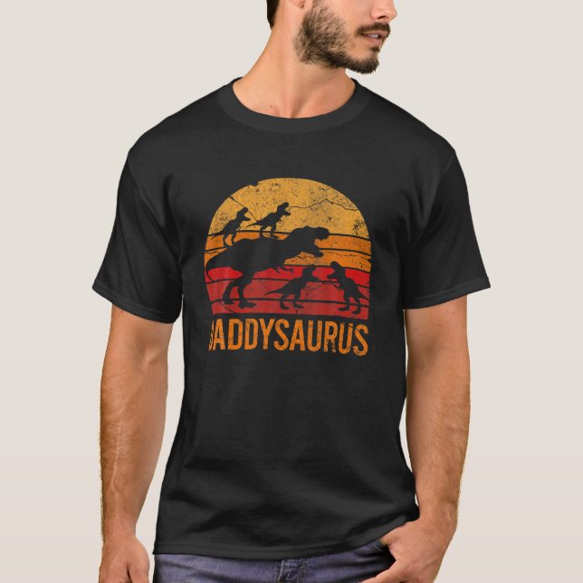 Daddysaurus Daddy Dinosaur Four Kid Fathers Day T-Shirt (Front)