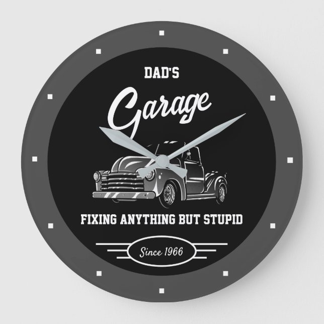 Dad's Any Name Garage Chevy Truck Fun Slogan Large Clock (Front)