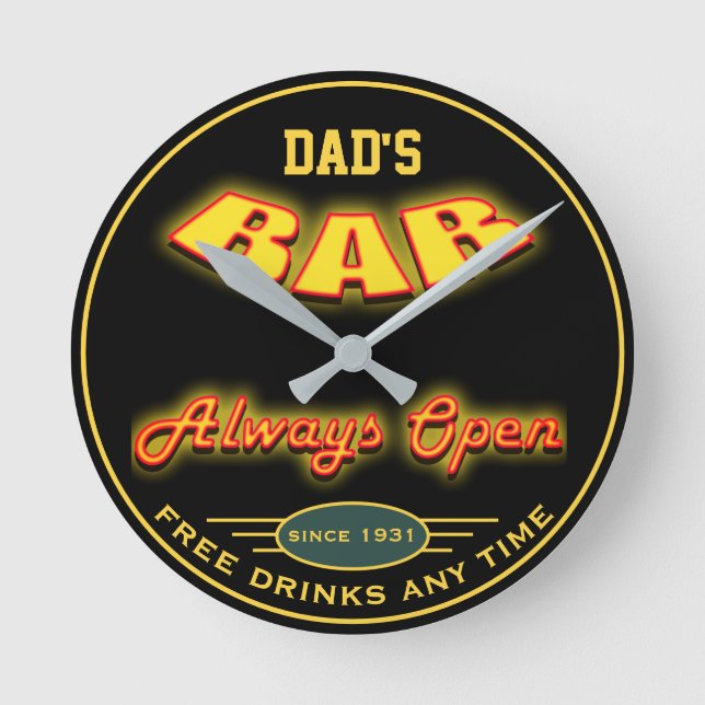 Dad's Bar Yellow Red Neon Look Any Date Any Name - Round Clock (Front)